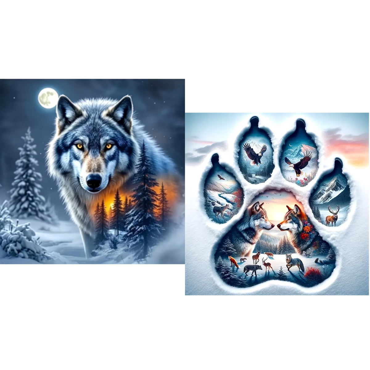 CSZPPQAF Wolf & Wildlife Paw Print Diamond Painting Kits for Adults, 2 Pack, Full Round Drill Diamond Art, Relaxing Craft & Wall Decor 14×14 inch Each