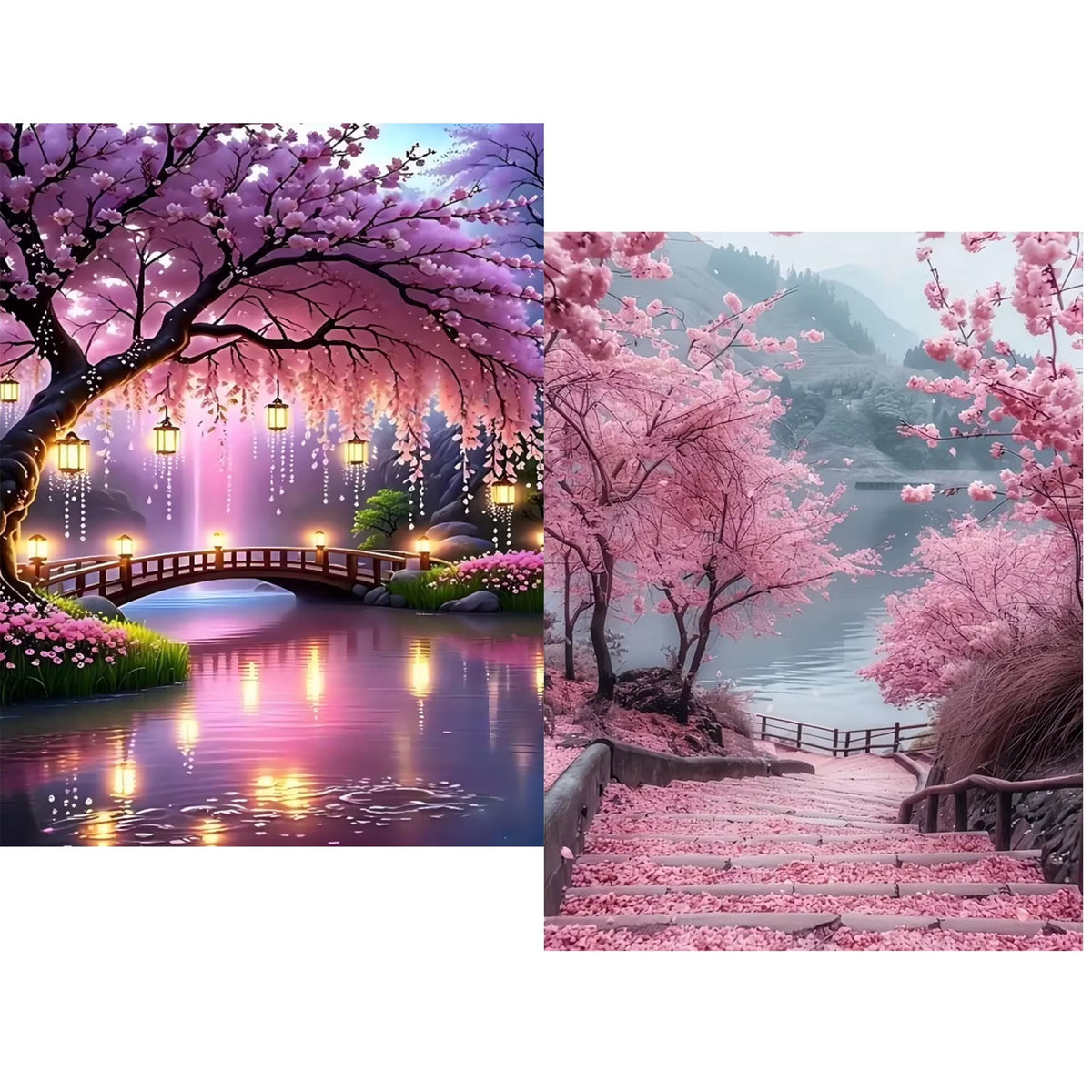 CSZPPQAF 2-Pack Diamond Painting Kits, Cherry Blossom Bridge & Lakeside Steps Gem Art, Home Wall Decor 12 x 16 in