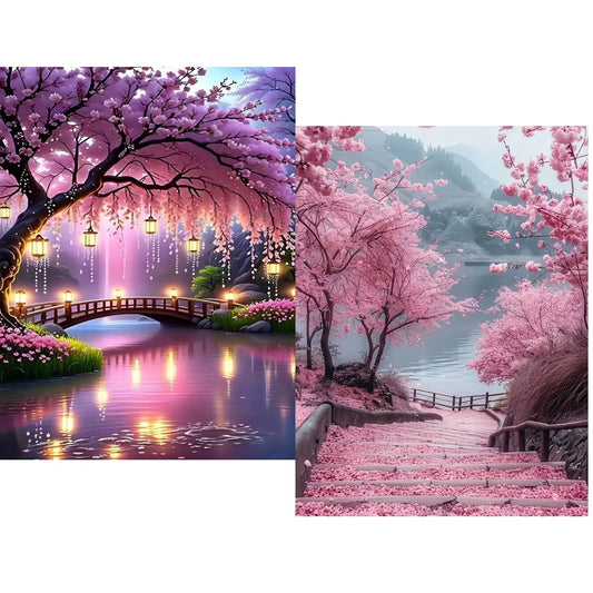 CSZPPQAF 2-Pack Diamond Painting Kits, Cherry Blossom Bridge & Lakeside Steps Gem Art, Home Wall Decor 12 x 16 in