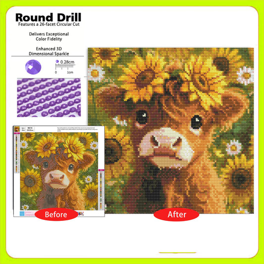 CSZPPQAF Diamond Painting Kits-Sunflower Cow,Full Round Drill Diamond Art,Craft Kits and Home Wall 13.8×13.8 inch