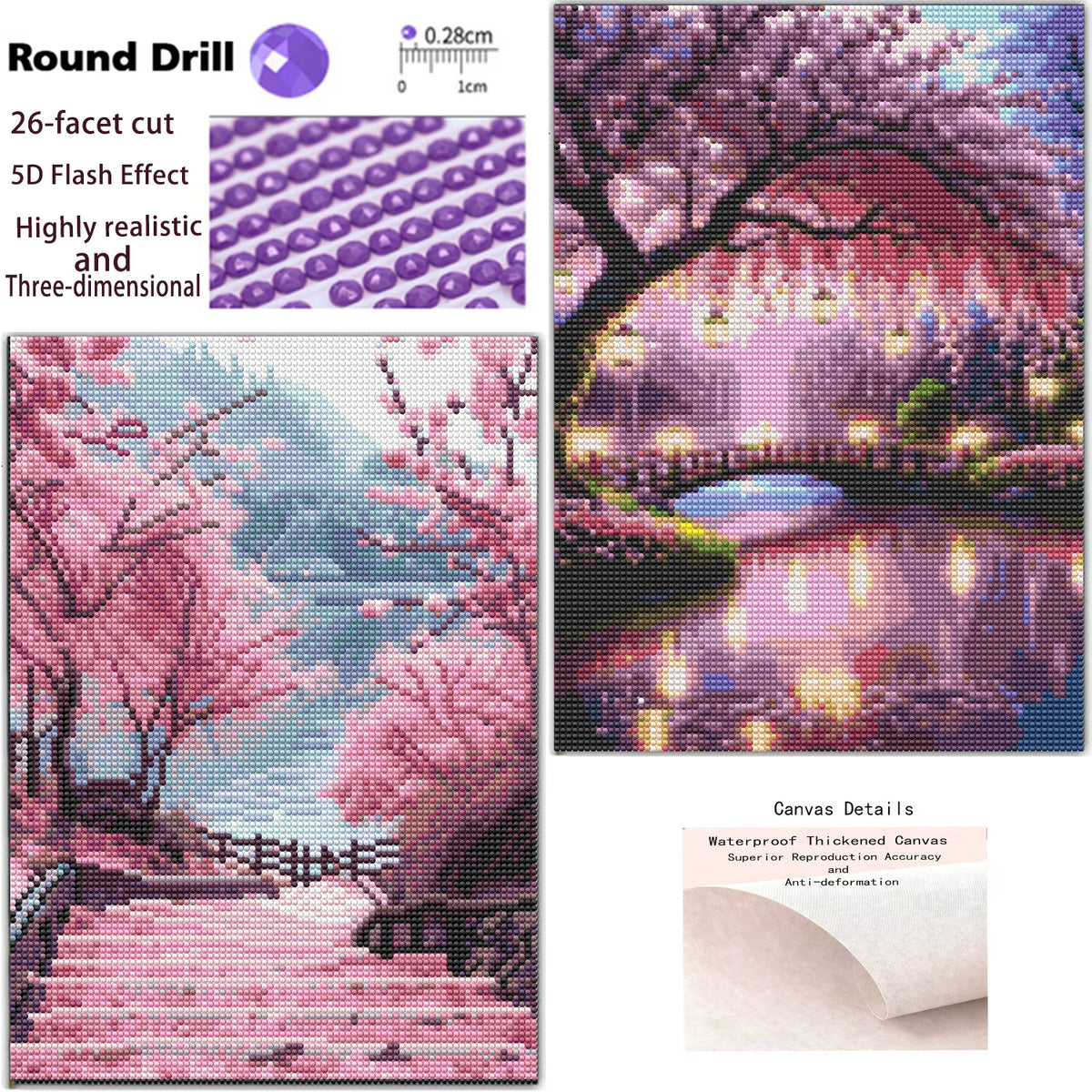 CSZPPQAF 2-Pack Diamond Painting Kits, Cherry Blossom Bridge & Lakeside Steps Gem Art, Home Wall Decor 12 x 16 in