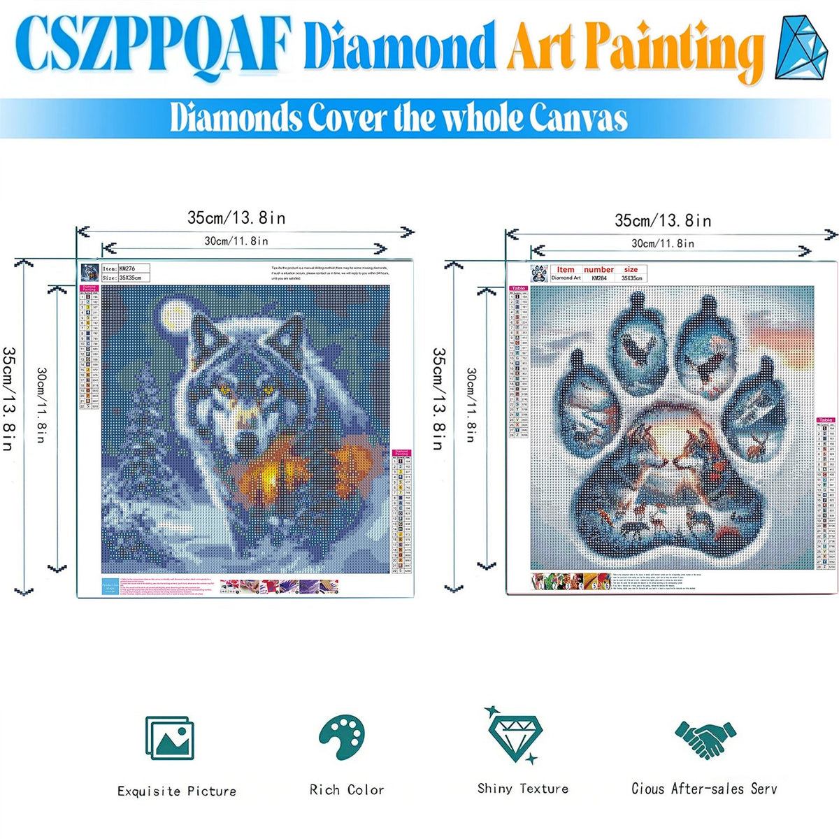 CSZPPQAF Wolf & Wildlife Paw Print Diamond Painting Kits for Adults, 2 Pack, Full Round Drill Diamond Art, Relaxing Craft & Wall Decor 14×14 inch Each