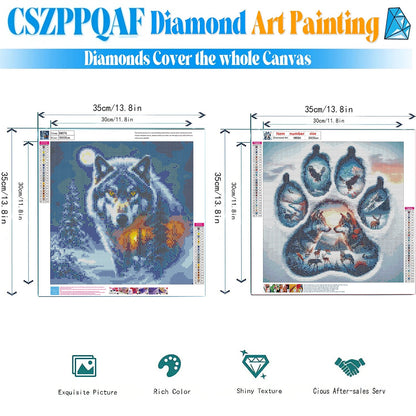 CSZPPQAF Wolf & Wildlife Paw Print Diamond Painting Kits for Adults, 2 Pack, Full Round Drill Diamond Art, Relaxing Craft & Wall Decor 14×14 inch Each
