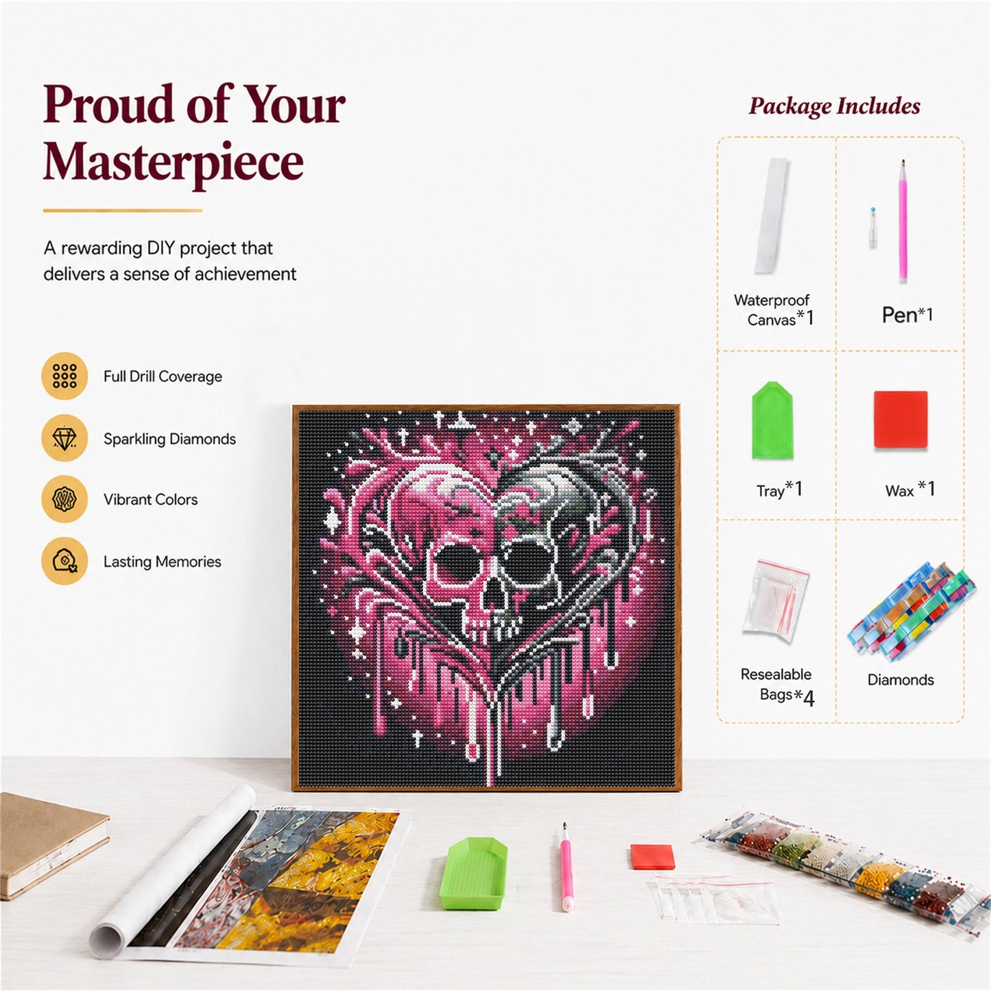 CSZPPQAF Skull Diamond Art Painting Kits,Full Round Drill Gem Art,Craft for Adults,Home Wall 13.8×13.8 inch