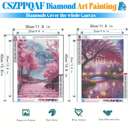 CSZPPQAF 2-Pack Diamond Painting Kits, Cherry Blossom Bridge & Lakeside Steps Gem Art, Home Wall Decor 12 x 16 in