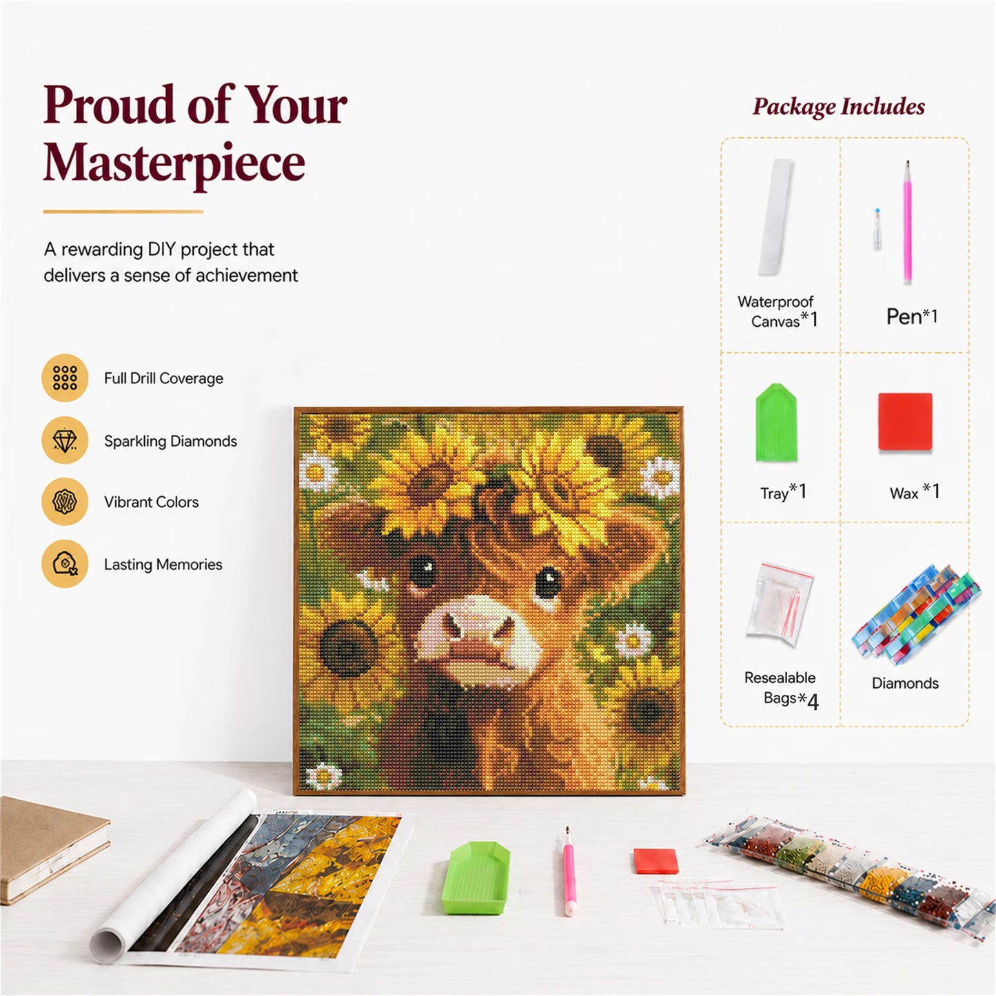 CSZPPQAF Diamond Painting Kits-Sunflower Cow,Full Round Drill Diamond Art,Craft Kits and Home Wall 13.8×13.8 inch