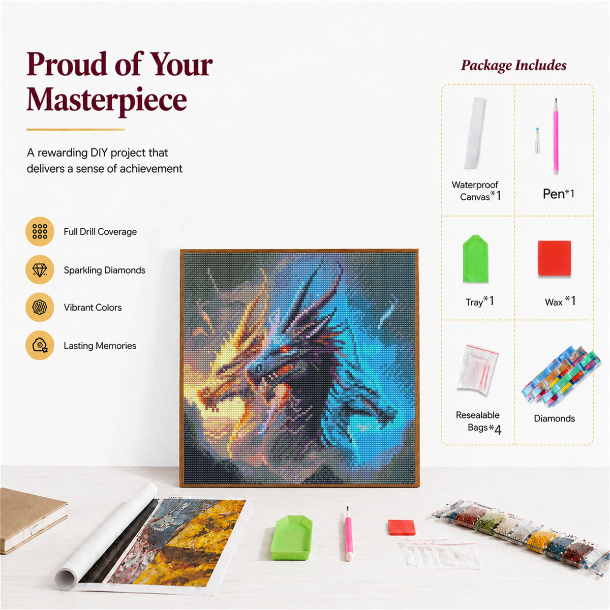 CSZPPQAF Dragon Diamond Painting Kits for Adults, Full Drill Round Diamond Art Craft,13.8"×13.8"