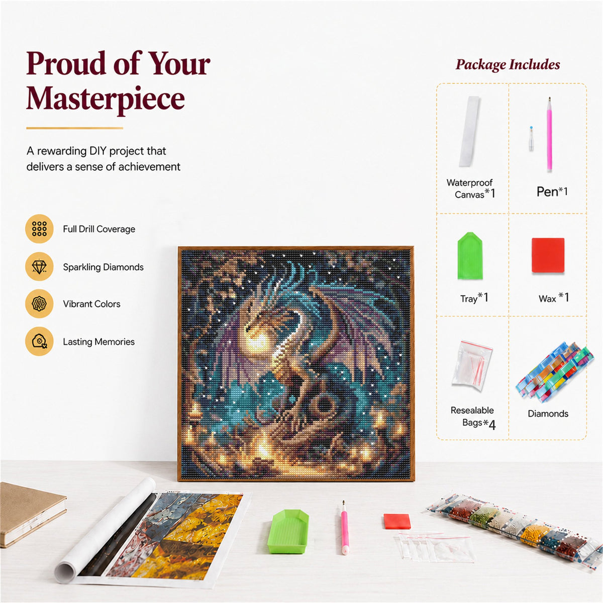 CSZPPQAF Dragon Diamond Painting Kits for Adults, Full Drill Round Gem Art Craft,13.8"×13.8"