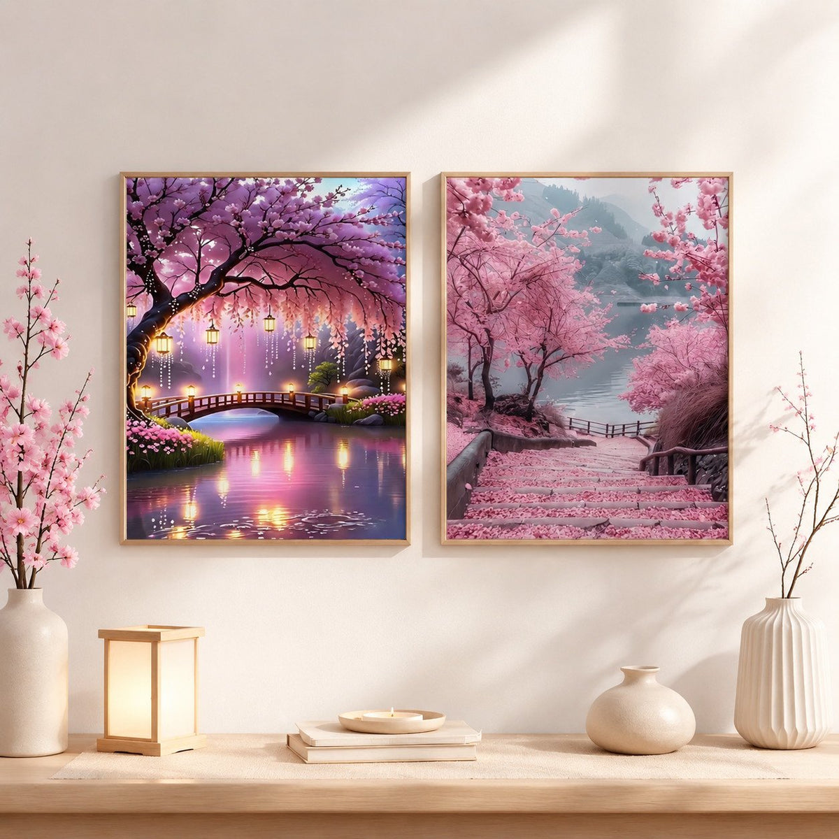 CSZPPQAF 2-Pack Diamond Painting Kits, Cherry Blossom Bridge & Lakeside Steps Gem Art, Home Wall Decor 12 x 16 in