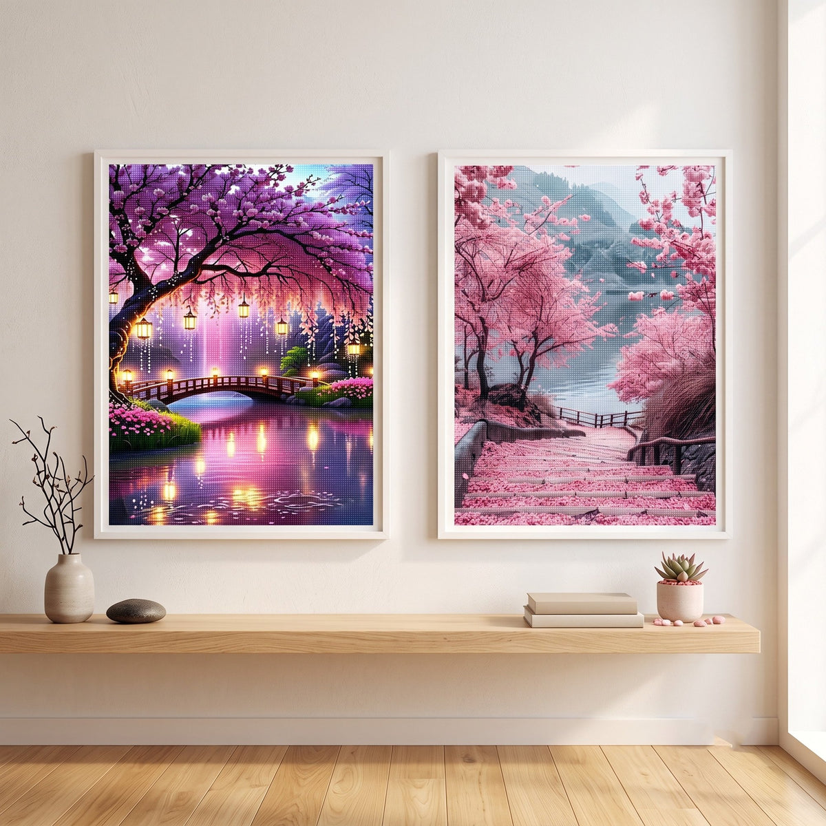 CSZPPQAF 2-Pack Diamond Painting Kits, Cherry Blossom Bridge & Lakeside Steps Gem Art, Home Wall Decor 12 x 16 in