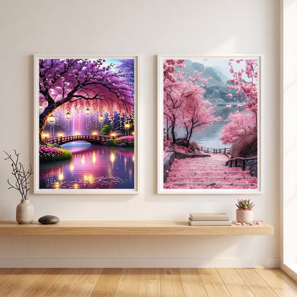 CSZPPQAF 2-Pack Diamond Painting Kits, Cherry Blossom Bridge & Lakeside Steps Gem Art, Home Wall Decor 12 x 16 in