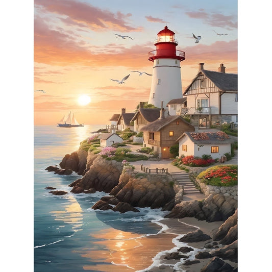 CSZPPQAF 5D DIY Diamond Art Kits for Adults Beginners,Sunset Lighthouse Full Drill Diamond Dots Gem Art,Home Wall Decor