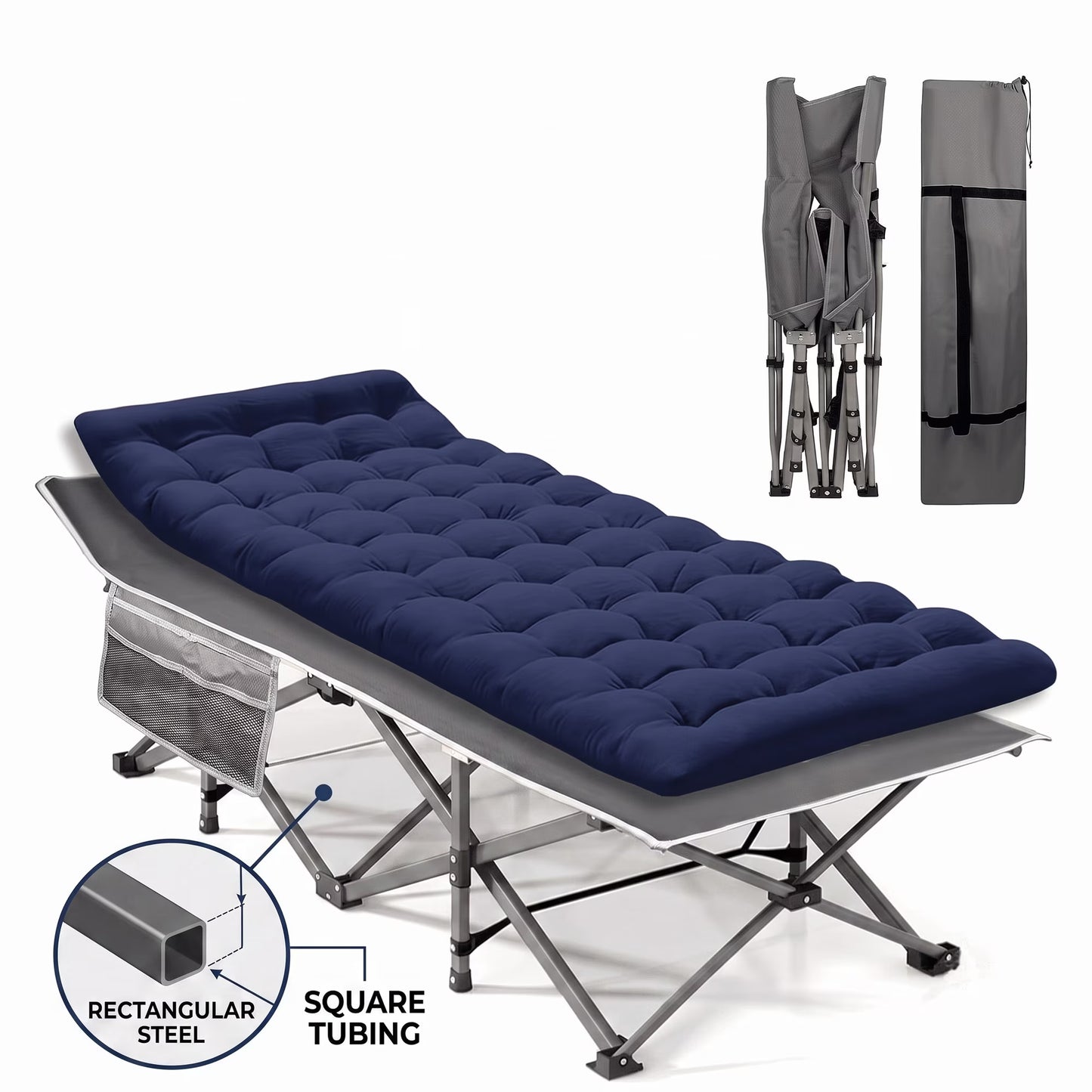 SROEDTY Camping Cot, Folding Camping Cot Bed for Adults Sleeping 1200D Double Layer Oxford Portable Folding Outdoor Cots for Camping W/Soft Pad Carry Bag for Home Office Nap Beach Travel, 500LBS,Grey