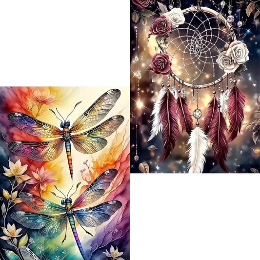 CSZPPQAF 2-Pack Dream Catcher and Dragonfly Diamond Painting Kits for Adults Beginner- Full Round Drill,Gem Art Craft Set for Home Wall Decor or Relax Gift