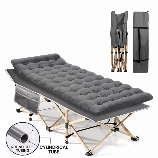 SROEDTY Folding Camping Cot with Thick Grey Mattress, Heavy-Duty 1200D Oxford Portable Sleep Cot with Side Pocket & Carry Bag