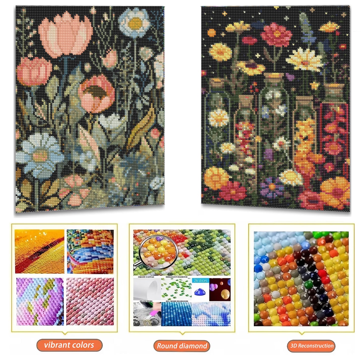 Mosaflare Flowers Diamond Art Painting Kits,2-Pack Art Craft Kits,Full Round Drill,Home Wall and Relaxing 12"×16"