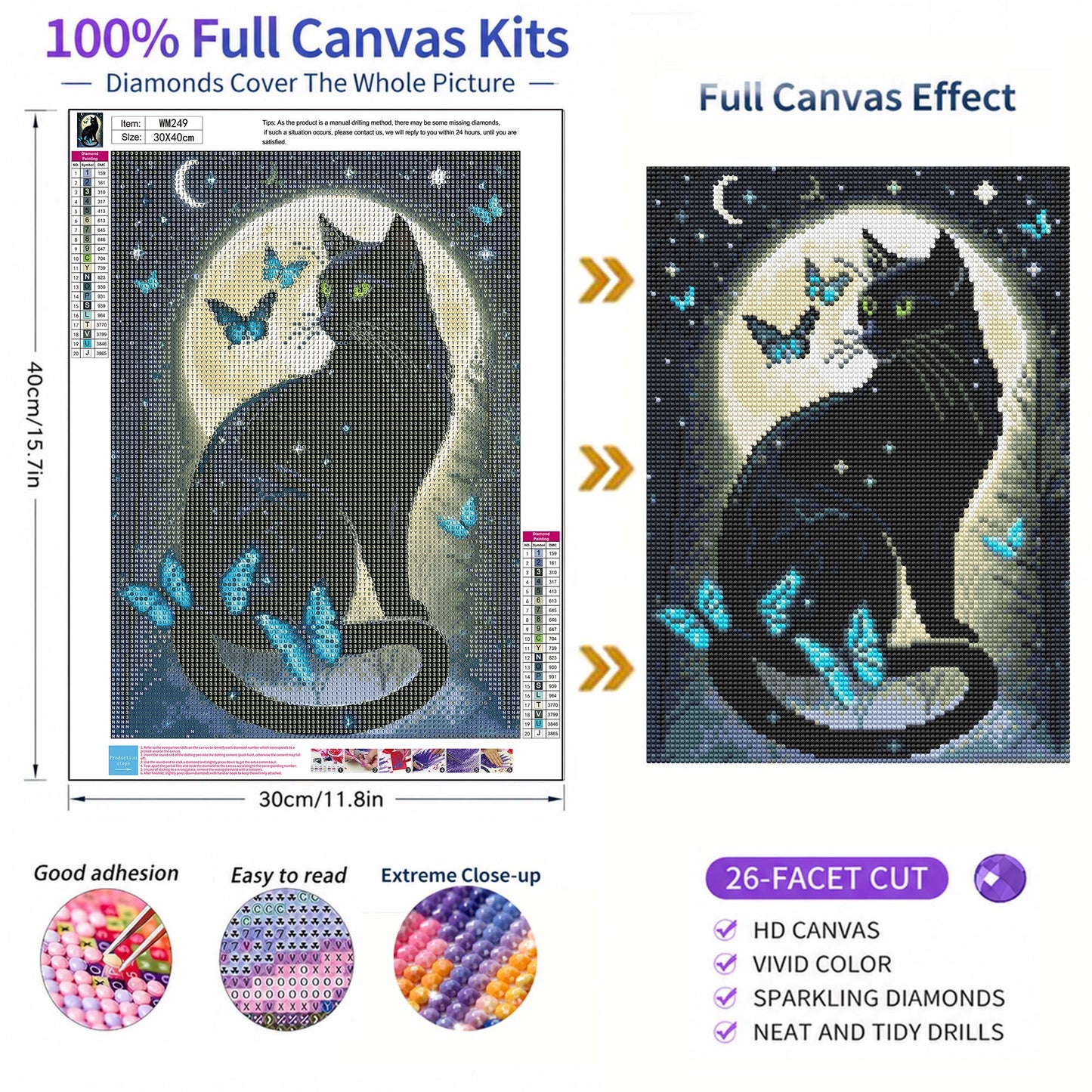 Mosaflare 26-Facet Round Cat Diamond Painting Kit for Adults,DIY Full Drill Gem Art for Home Decor, Craft Gift for Beginners