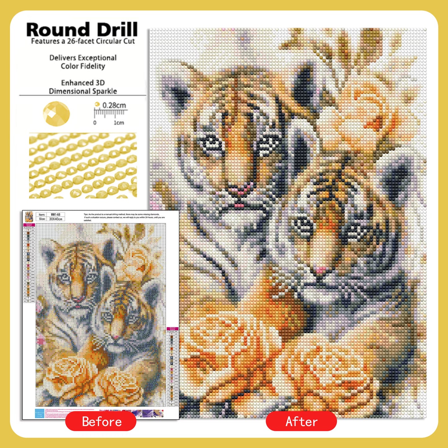 CSZPPQAF Diamond Art Kit,Tiger Diamond Painting Kits for Beginners,Full Round Drill,Home Wall 11.8"*15.8"