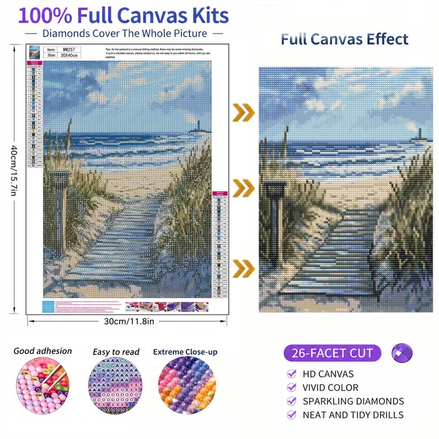 Mosaflare 26-Facet Round Beach Diamond Painting Kit for Adults,DIY Full Drill Gem Art for Home Decor, Craft Gift for Beginners