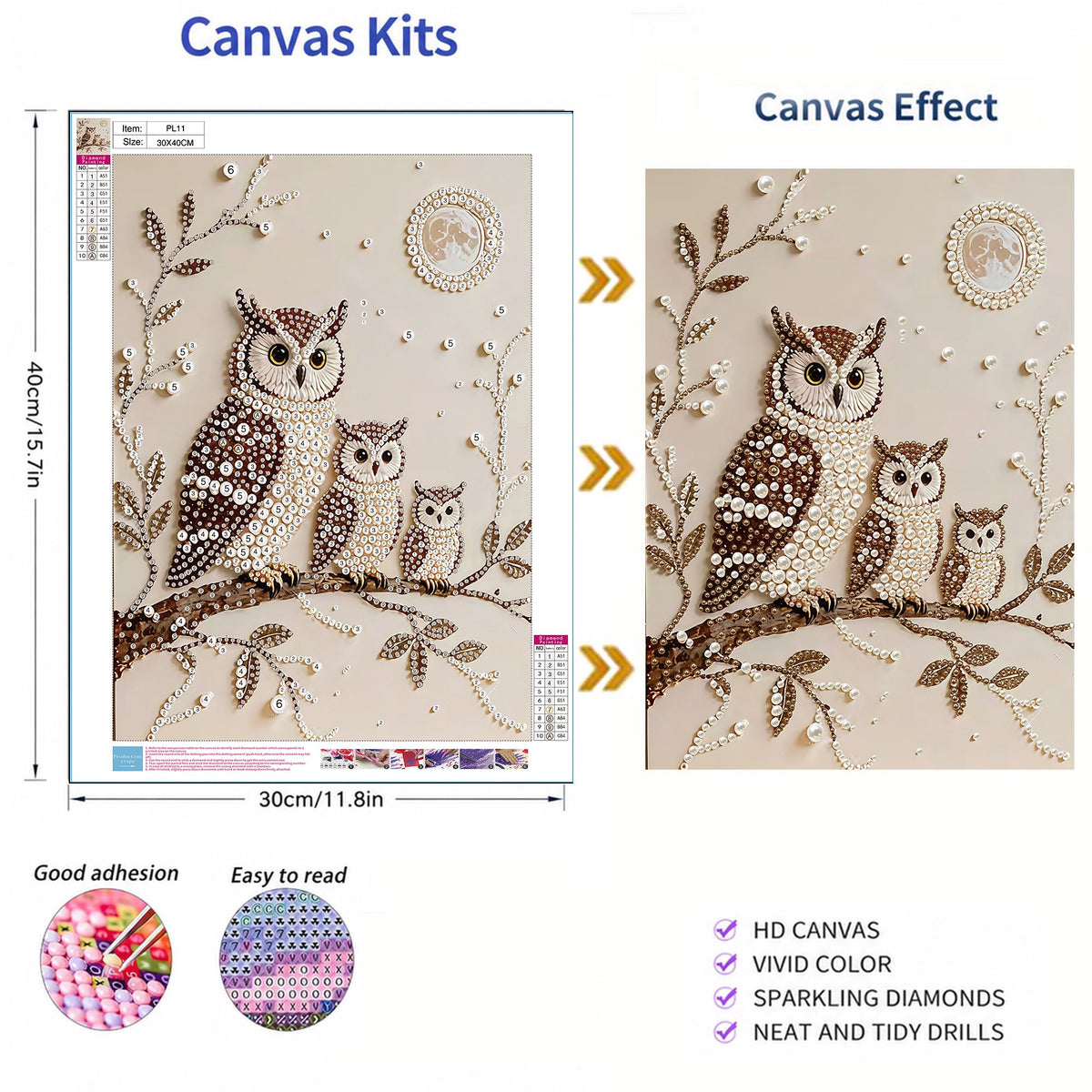 Mosaflare Pearl Diamond Painting Kit for Adults,DIY Diamond Art,12×16 inch HD Canvas,Owl Home Decoration