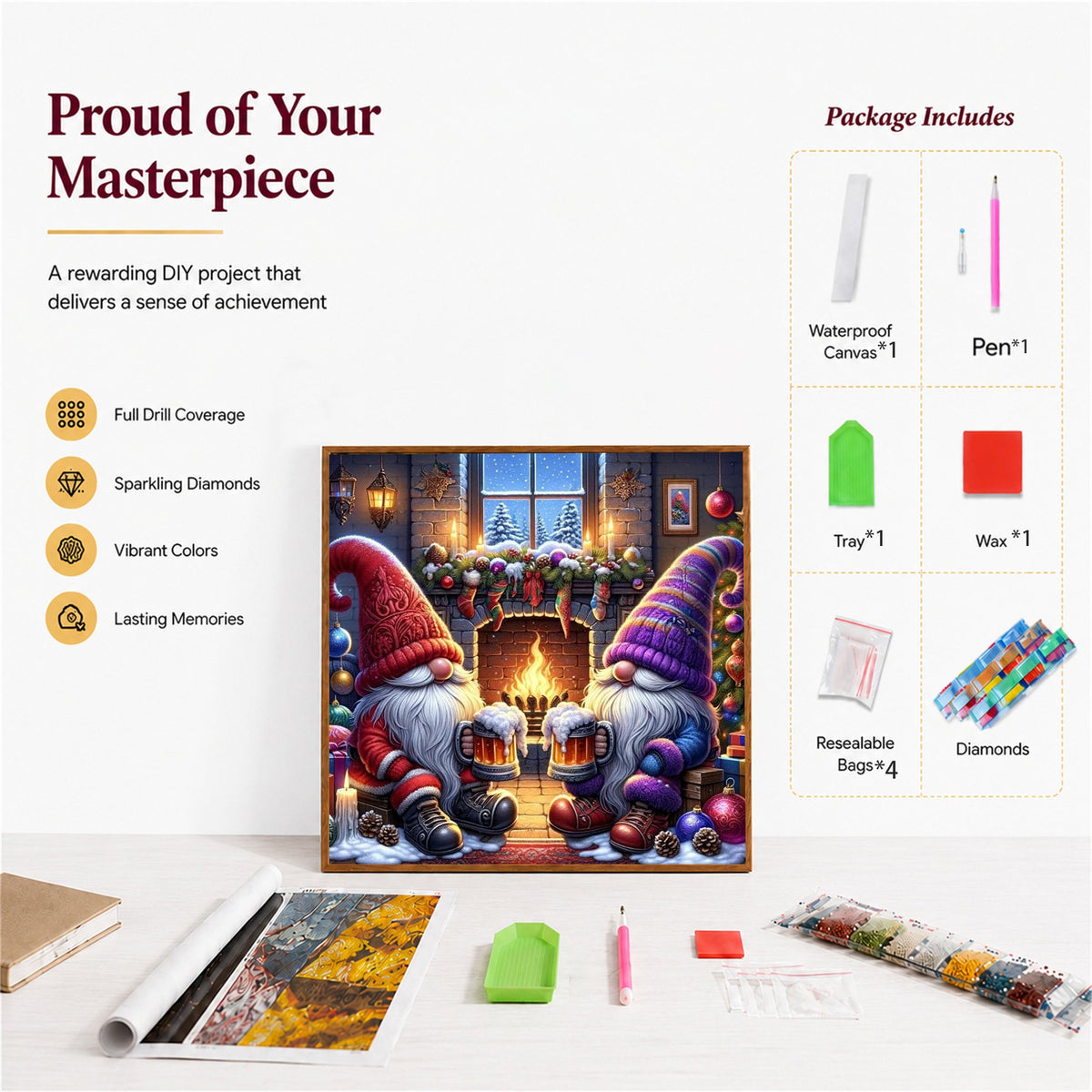 CSZPPQAF Gnome Brother Diamond Painting Kits for Adults, Full Drill Round Diamond Art Kit, Art Craft, Home Wall Decor and Gift 13.8 x 13.8 Inch