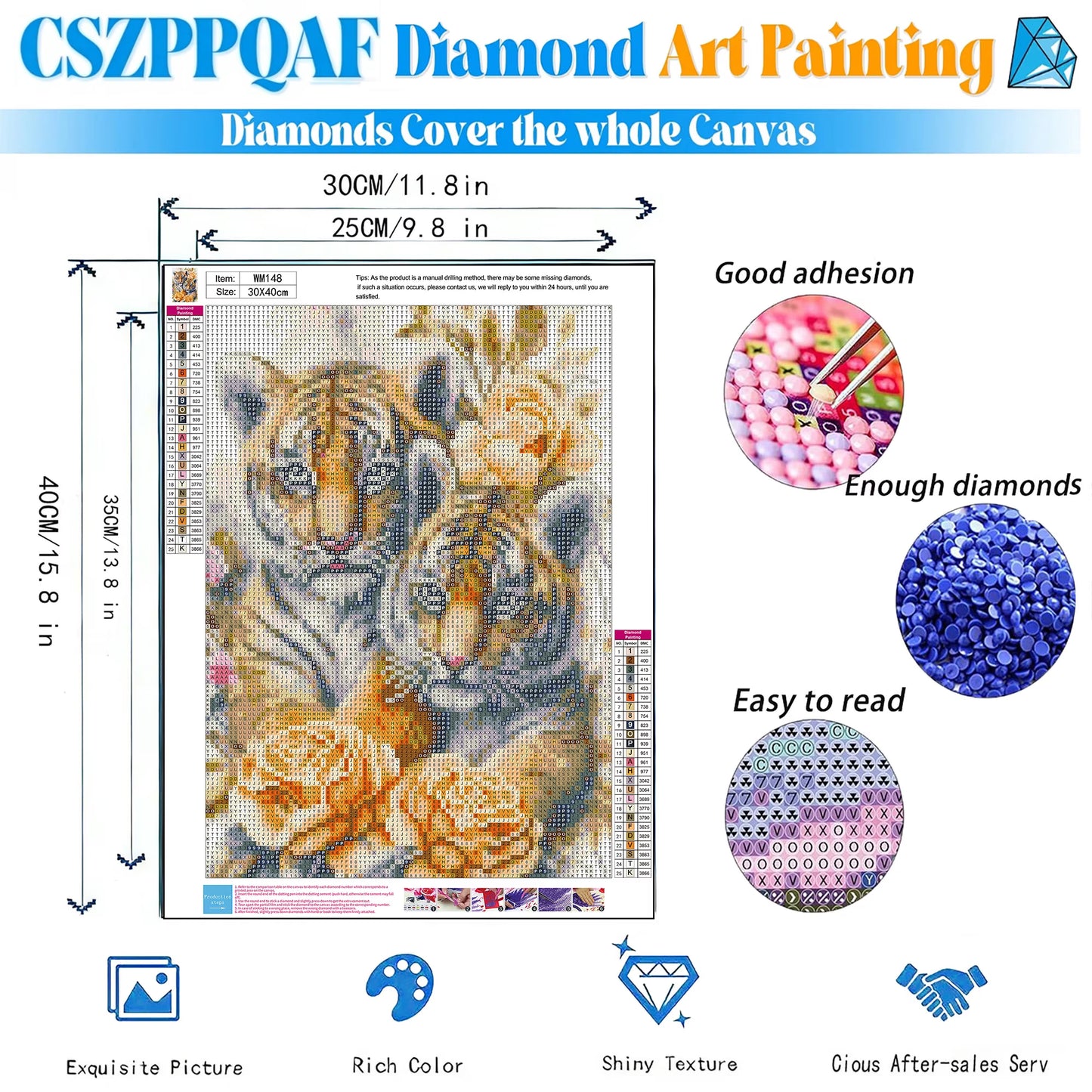 CSZPPQAF Diamond Art Kit,Tiger Diamond Painting Kits for Beginners,Full Round Drill,Home Wall 11.8"*15.8"