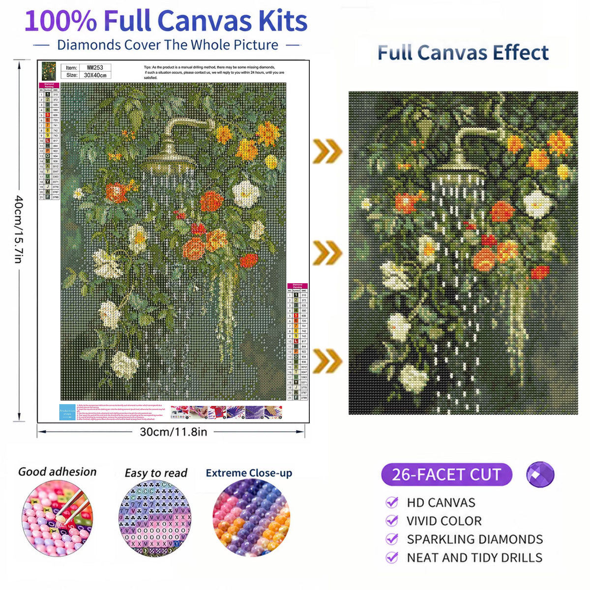 Mosaflare 26-Facet Round Flowers Diamond Painting Kit for Adults,DIY Full Drill Gem Art for Home Decor, Craft Gift for Beginners