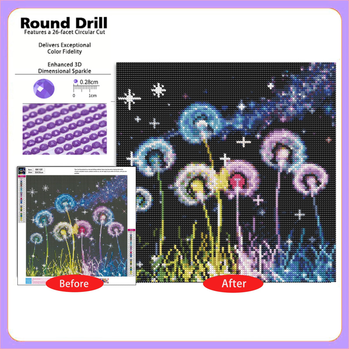 CSZPPQAF Diamond Painting for Adults-Dandelion,Full Round Drill Diamond Art Kits, Relaxing Craft & Wall Decor