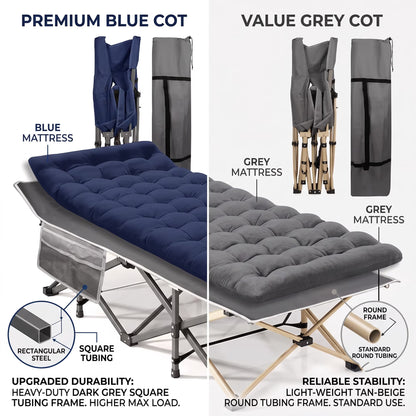 SROEDTY Camping Cot, Folding Camping Cot Bed for Adults Sleeping 1200D Double Layer Oxford Portable Folding Outdoor Cots for Camping W/Soft Pad Carry Bag for Home Office Nap Beach Travel, 500LBS,Grey