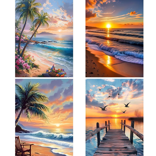 Mosaflare 4-Pack Diamond Art Painting Kits,Ocean View Art Craft Kits,Full Round Drill,Home Wall and Relaxing 12"×16"