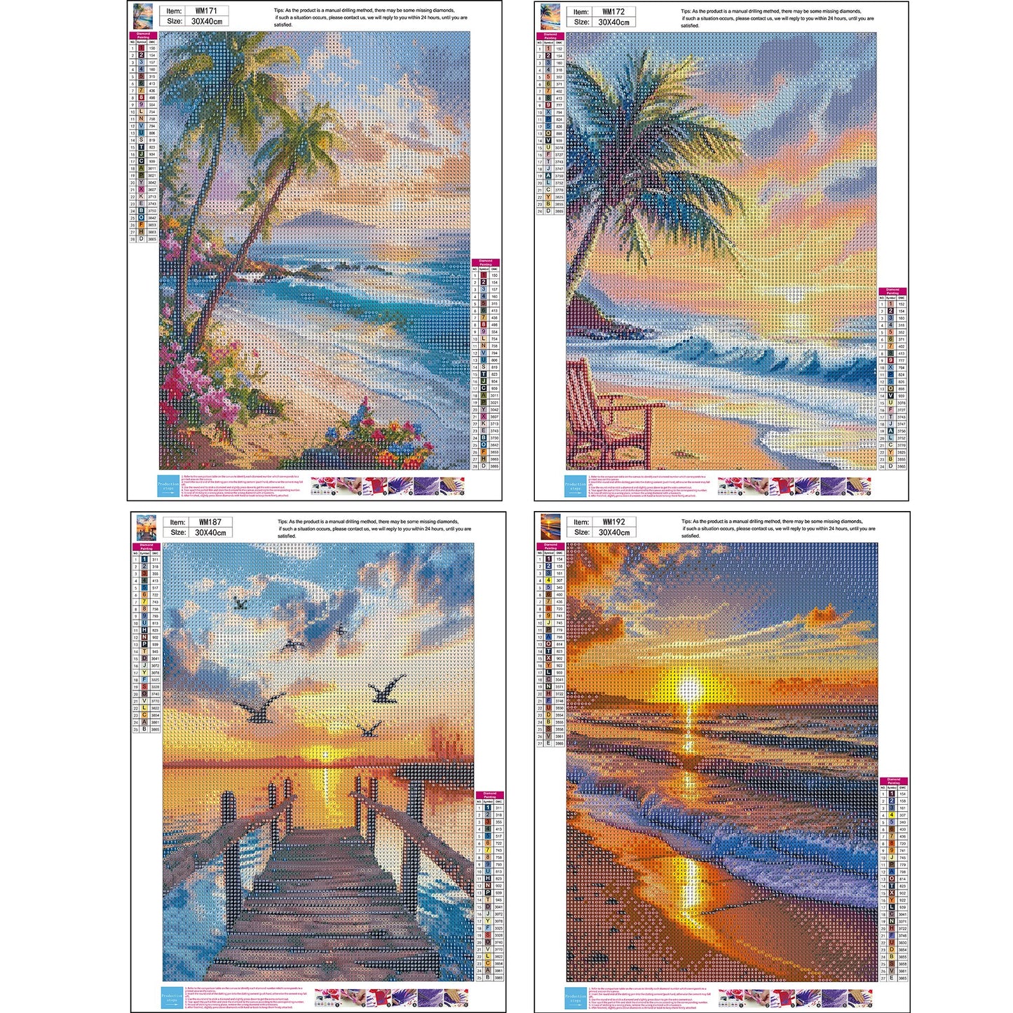 Mosaflare 4-Pack Diamond Art Painting Kits,Ocean View Art Craft Kits,Full Round Drill,Home Wall and Relaxing 12"×16"