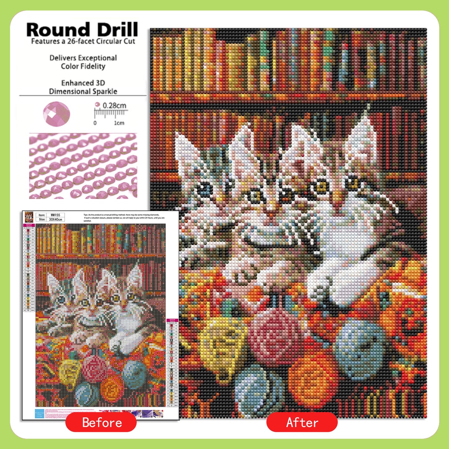 CSZPPQAF Diamond Art Kit,Cat Diamond Painting Kits for Beginners,Full Round Drill,Home Wall 11.8"*15.8"