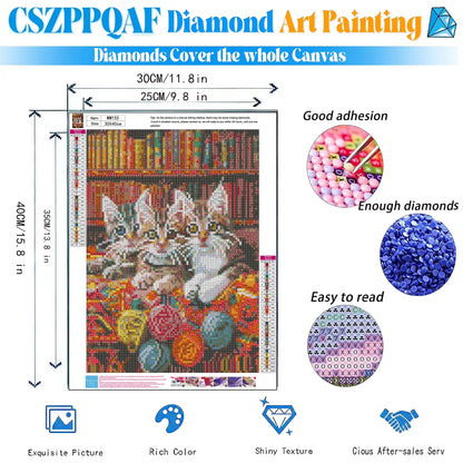 CSZPPQAF Diamond Art Kit,Cat Diamond Painting Kits for Beginners,Full Round Drill,Home Wall 11.8"*15.8"