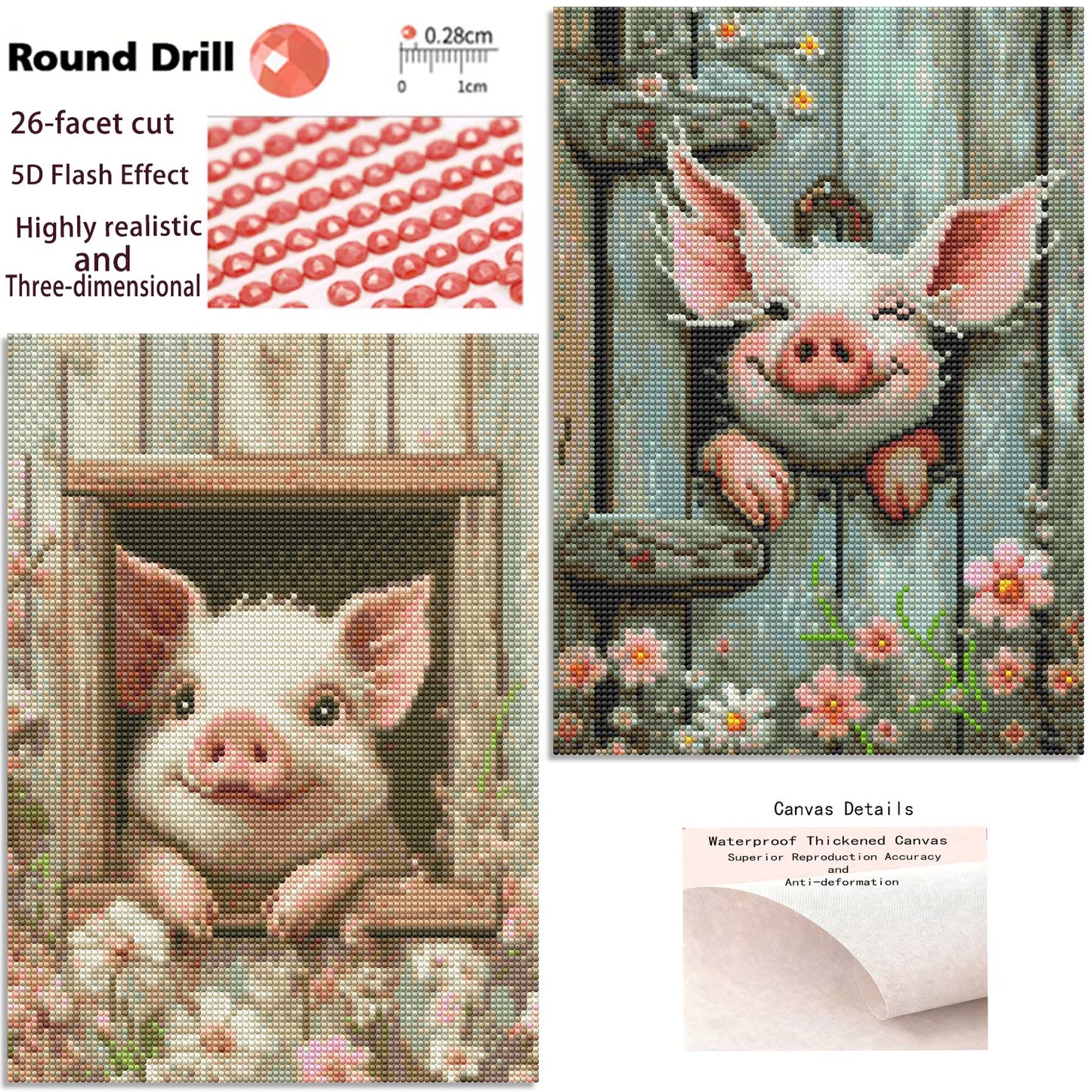 CSZPPQAF 2-Pack Diamond Art Kit,Pink Pig Diamond Painting Kits for Beginners,Full Round Drill,Home Wall 11.8"*15.8"