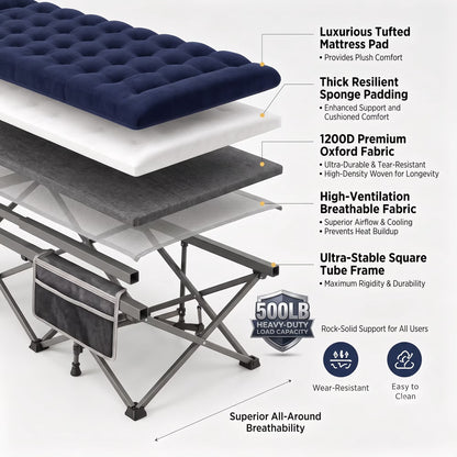 SROEDTY Camping Cot, Folding Camping Cot Bed for Adults Sleeping 1200D Double Layer Oxford Portable Folding Outdoor Cots for Camping W/Soft Pad Carry Bag for Home Office Nap Beach Travel, 500LBS,Grey