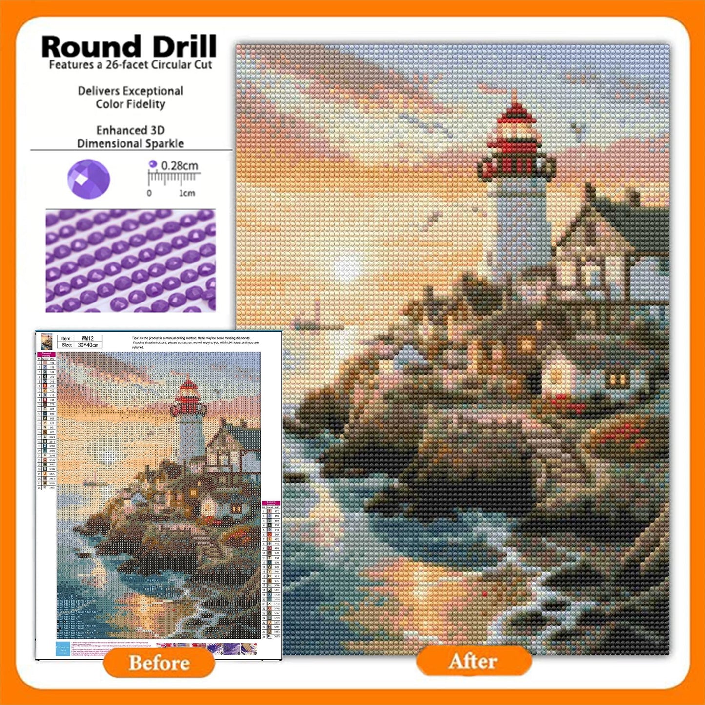 CSZPPQAF 5D DIY Diamond Art Kits for Adults Beginners,Sunset Lighthouse Full Drill Diamond Dots Gem Art,Home Wall Decor 11.8x15.8inches.