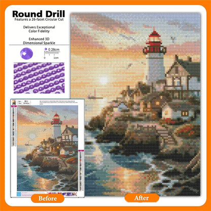 CSZPPQAF 5D DIY Diamond Art Kits for Adults Beginners,Sunset Lighthouse Full Drill Diamond Dots Gem Art,Home Wall Decor 11.8x15.8inches.