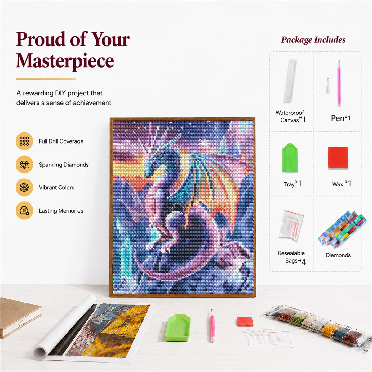 CSZPPQAF Dragon Diamond Painting Kits for Adults, Full Drill Round Diamond Art Craft,11.8"×15.8"