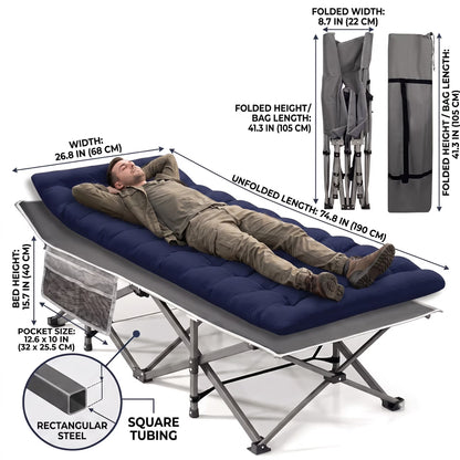 SROEDTY Camping Cot, Folding Camping Cot Bed for Adults Sleeping 1200D Double Layer Oxford Portable Folding Outdoor Cots for Camping W/Soft Pad Carry Bag for Home Office Nap Beach Travel, 500LBS,Grey