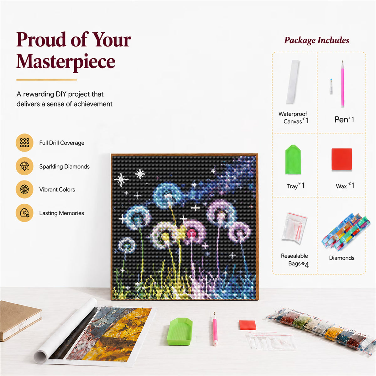 CSZPPQAF Diamond Painting for Adults-Dandelion,Full Round Drill Diamond Art Kits, Relaxing Craft & Wall Decor