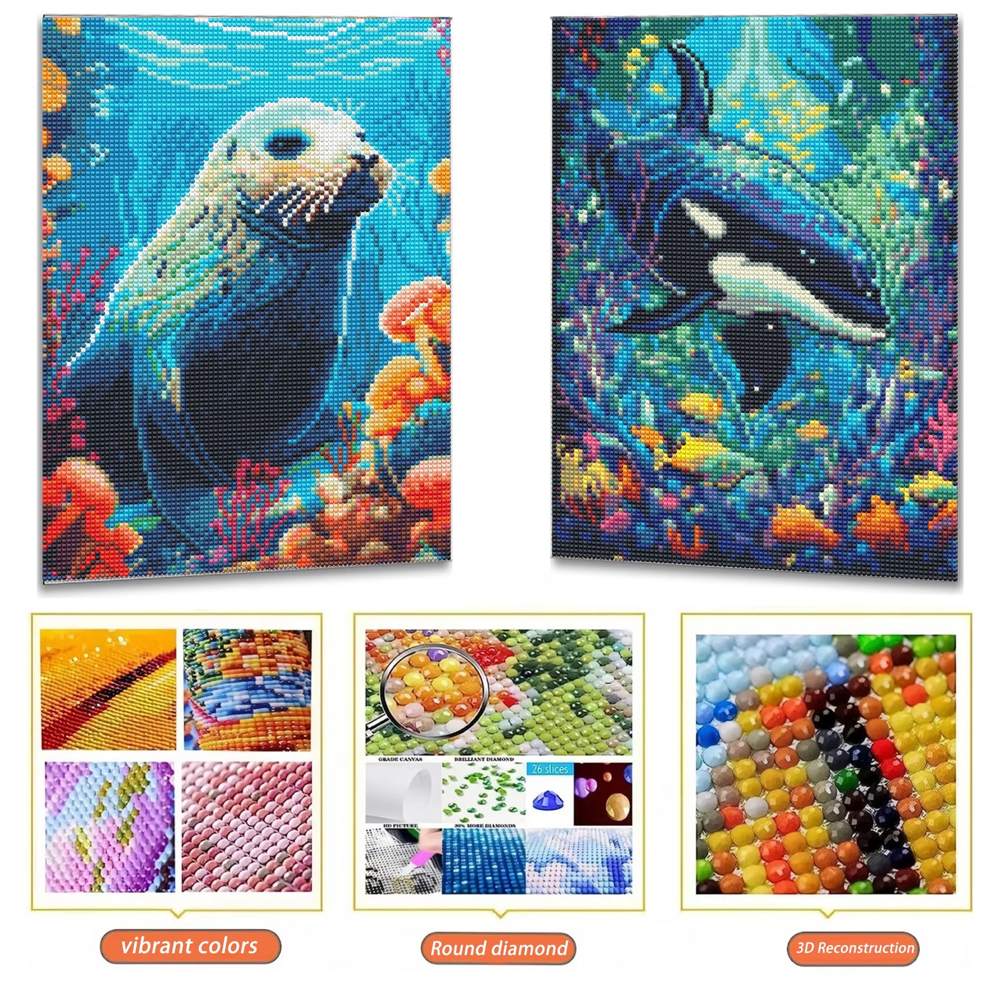 Mosaflare Seals and Orcas Diamond Art Painting Kits,2-Pack Art Craft Kits,Full Round Drill,Home Wall and Relaxing 12"×16"