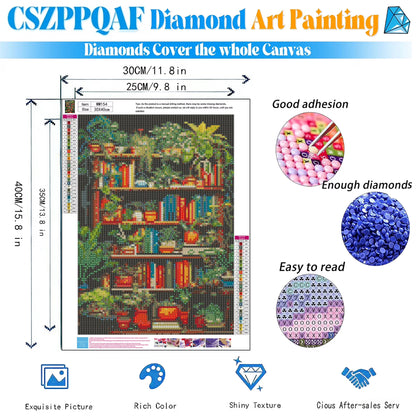 CSZPPQAF Diamond Art Kit,Bookeshelf Tree Diamond Painting Kits for Beginners,Full Round Drill,Home Wall 11.8"*15.8"