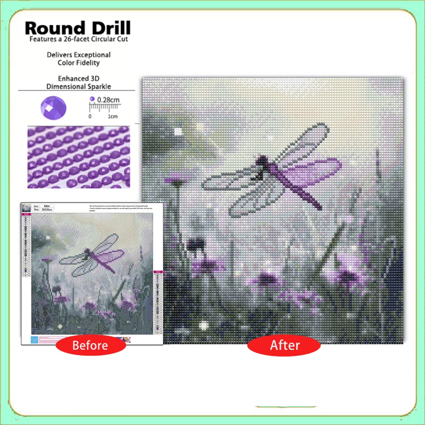 CSZPPQAF Diamond Painting Kits-Dragonfly Craft Art ,Full Round Drill Diamond Art,Home Wall Decor 13.8"×13.8"