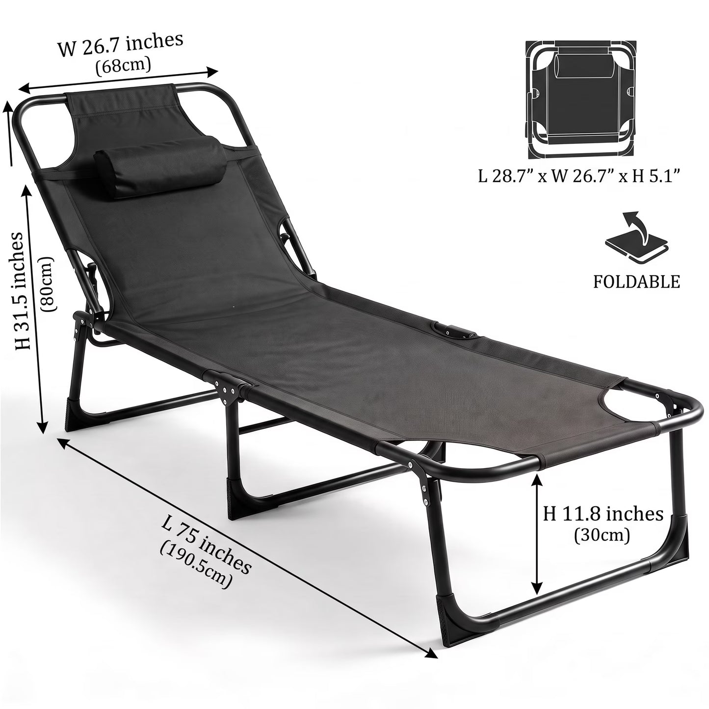 SROEDTY 75"Heavy Duty Camping Cot,1200D Oxford Folding Lounge Chair with Pillow,3-Position Adjustable Foldable Bed for Outdoor Beach Patio Backyard Office Nap,Supports 330 LBS