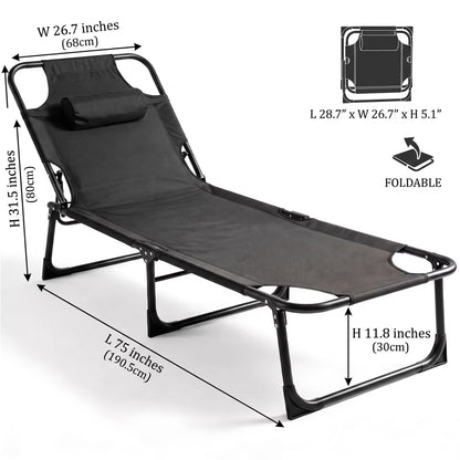 SROEDTY 75"Heavy Duty Camping Cot,1200D Oxford Folding Lounge Chair with Pillow,3-Position Adjustable Foldable Bed for Outdoor Beach Patio Backyard Office Nap,Supports 330 LBS