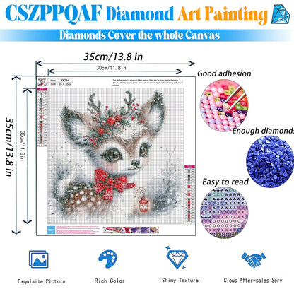 CSZPPQAF Christmas Reindeer Diamond Painting Kits for Adults, Full Drill Round Diamond Art Kit, Art Craft, Home Wall Decor and Gift 13.8 x 13.8 Inch