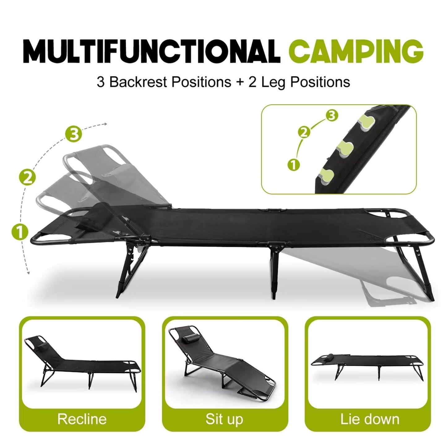 SROEDTY 75"Heavy Duty Camping Cot,1200D Oxford Folding Lounge Chair with Pillow,3-Position Adjustable Foldable Bed for Outdoor Beach Patio Backyard Office Nap,Supports 330 LBS