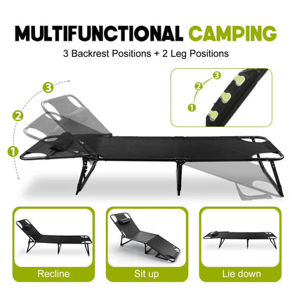 SROEDTY 75"Heavy Duty Camping Cot,1200D Oxford Folding Lounge Chair with Pillow,3-Position Adjustable Foldable Bed for Outdoor Beach Patio Backyard Office Nap,Supports 330 LBS