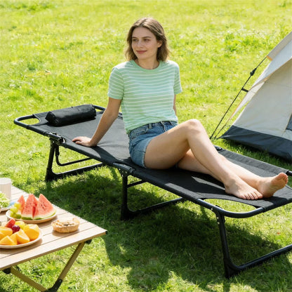 SROEDTY 75"Heavy Duty Camping Cot,1200D Oxford Folding Lounge Chair with Pillow,3-Position Adjustable Foldable Bed for Outdoor Beach Patio Backyard Office Nap,Supports 330 LBS