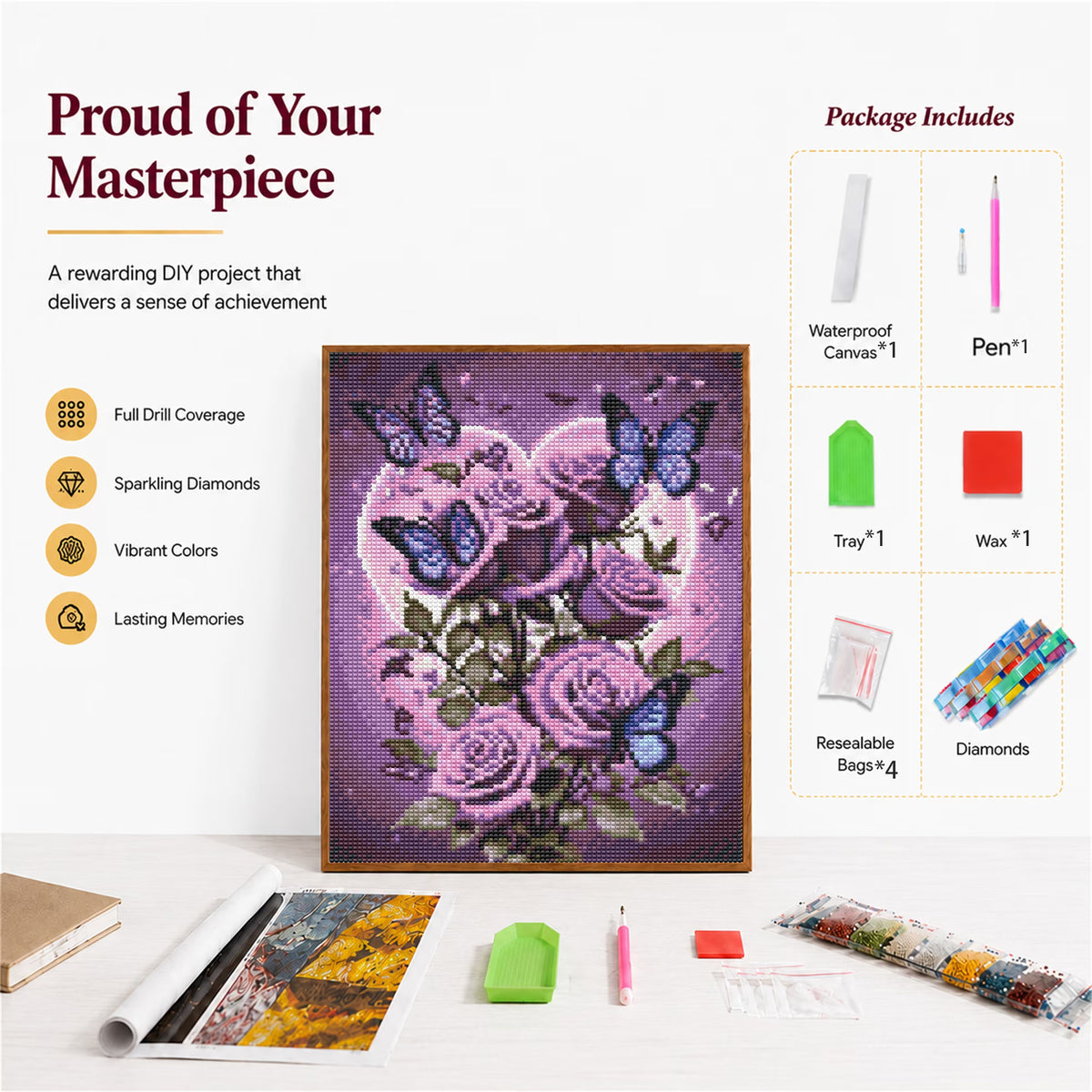 CSZPPQAF Butterfly Diamond Painting Kits,Full Round Drill Diamond Art,Craft for Adults,Home Wall 11.8×15.8 inch